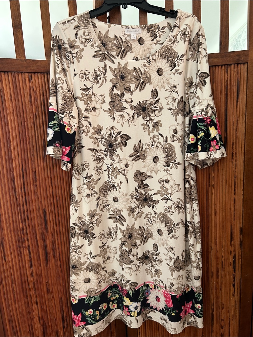Charter Club Cream Floral Midi Dress with Black Floral Borders
